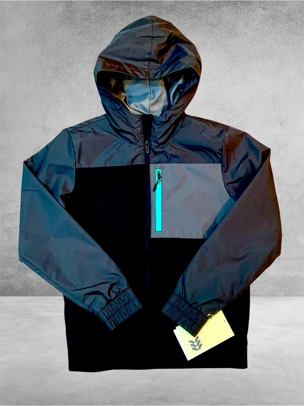 all in motion Boy’s Colorblock Hooded Windbreaker in Black and Gray